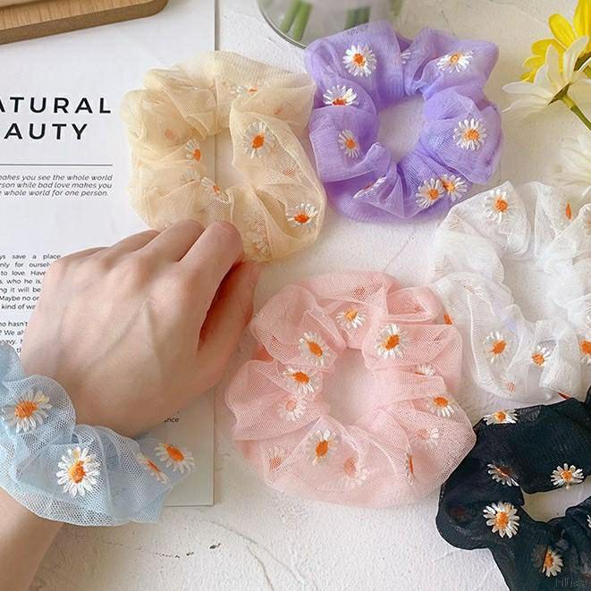 (hàng có sẵn) COD CHDM Scrunchies Dây buộc tóc mỏng co giãn hình hoa cúc thời trang Hàn Quốc