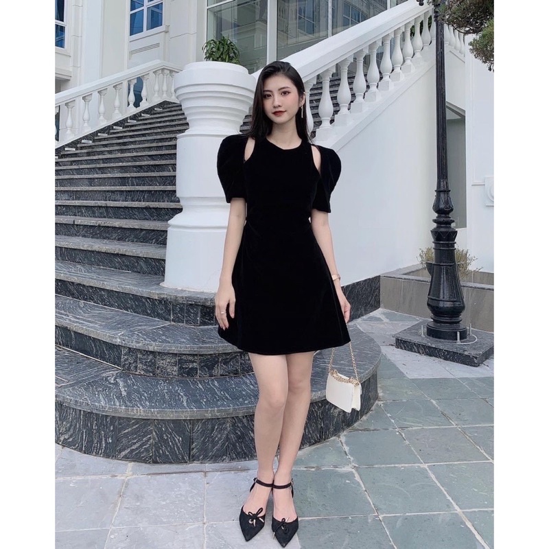 [Ảnh thật] Đầm váy nhung đỏ tay bồng xẻ vai tiểu thư
