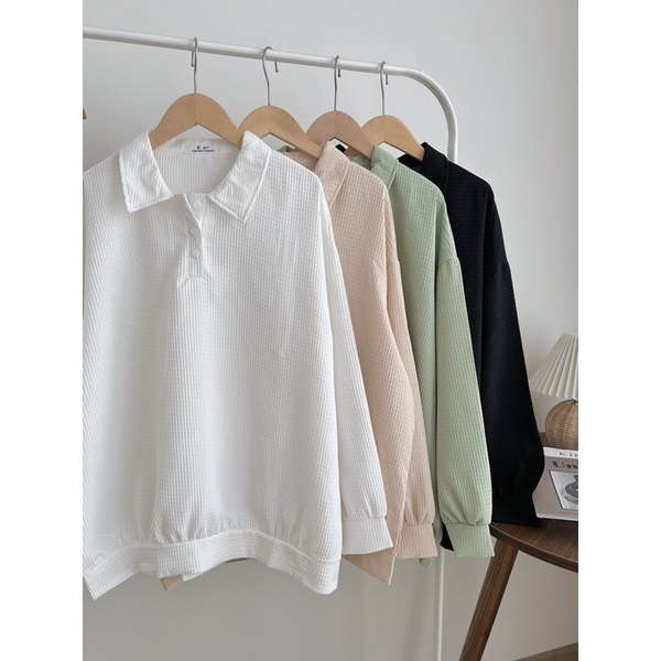 Set polo nỉ tổ ong áo dài tay- quần short form rộng