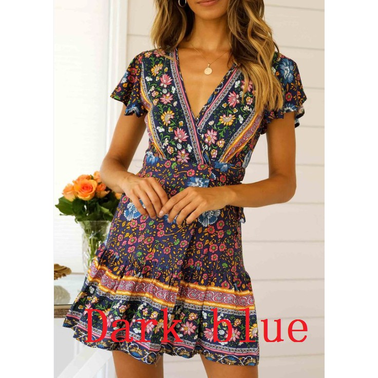 Đầm ngắn tay in hoa phong cách Boho thanh lịch dành cho nữ