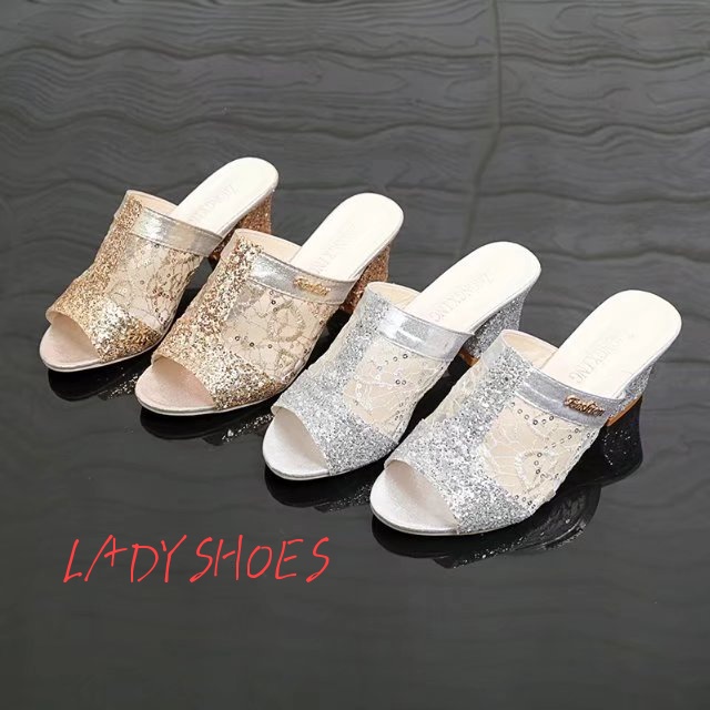 Dép nữ cao gót ren hoa kim tuyến thời trang 5cm