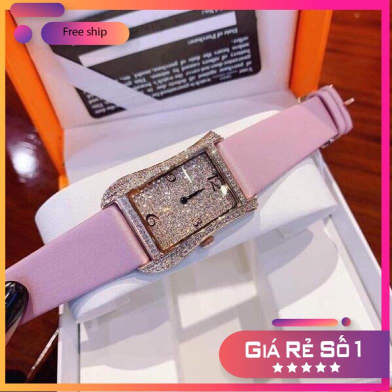 Đồng Hồ Nữ Dây Da Hồng Tiểu Thư Rose Gold Davena Full Hột Full Box Chính Hãng