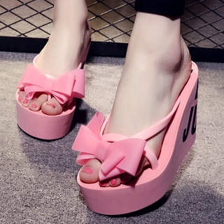 Dép Sandal Đế Xuồng Chống Trượt Cao Gót 11CM / 8CM Đính Nơ Thời Trang Đi Biển Cho Nữ