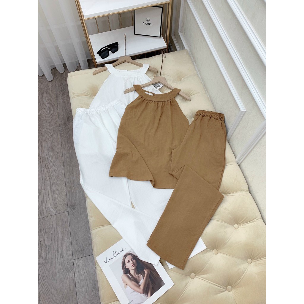 (Đũi Loại 1) Set Đồ Nữ Đẹp, Bộ Đũi Với Áo Cổ Yếm Kèm Quần, 2 Màu, S1003 | BigBuy360 - bigbuy360.vn