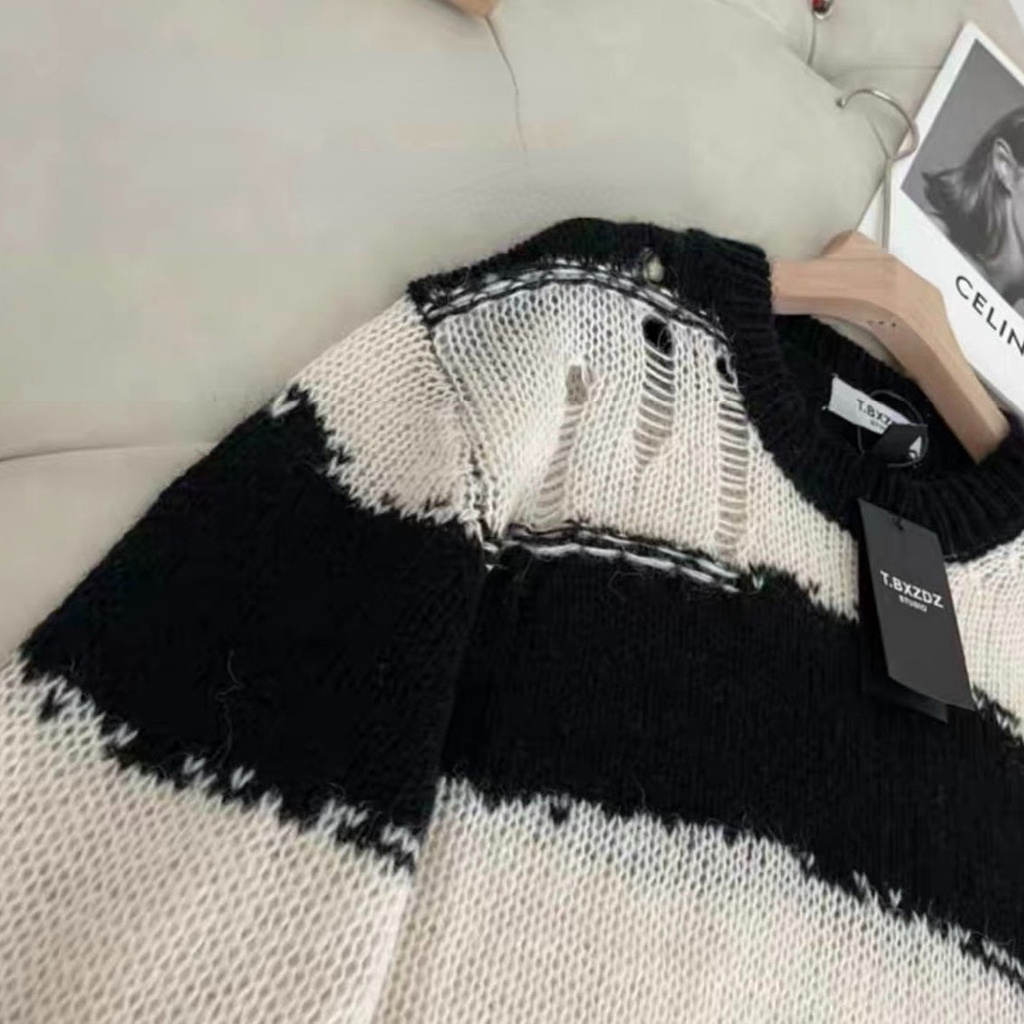 Áo sweater dệt kim tay dài dáng rộng kẻ sọc thời trang mùa thu mới 2021