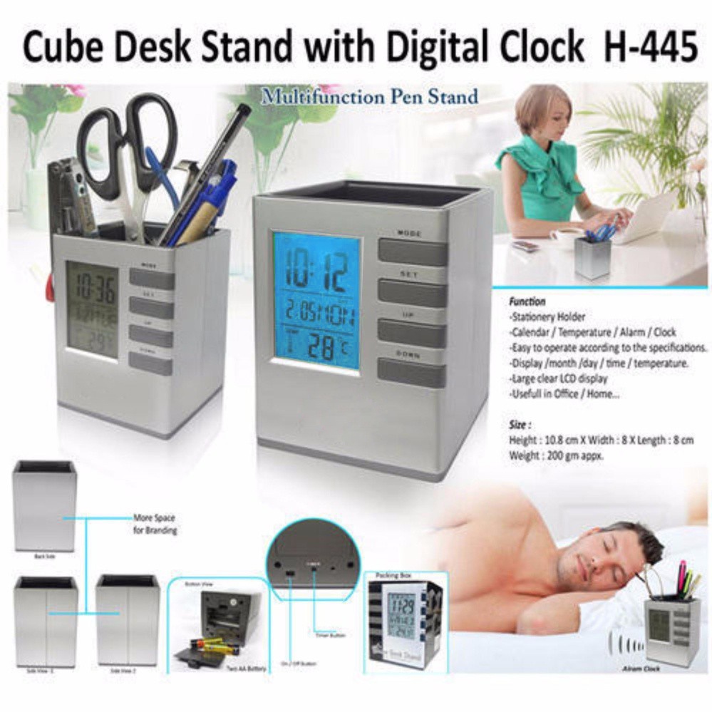 Khay đựng bút có đo nhiệt độ phòng, đồng hồ, lịch kỹ thuật số, để bàn đa chức năng Cube desk stand
