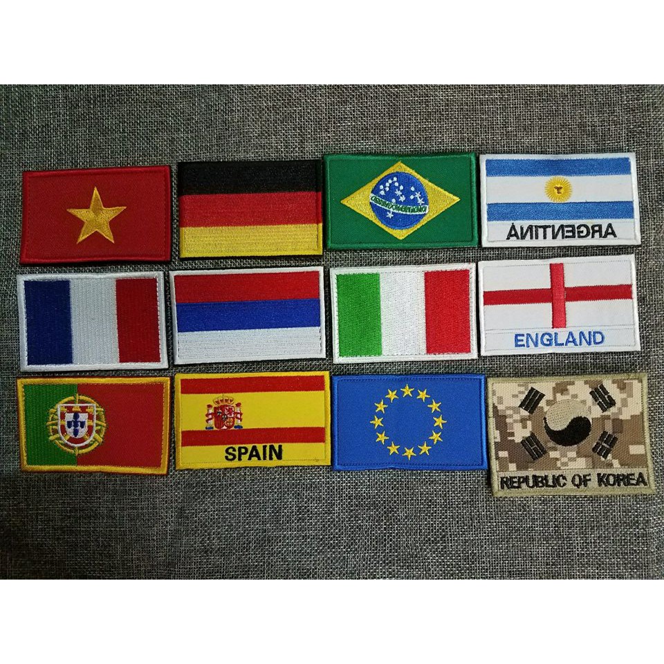 Patch velcro vải thêu cờ Đức, cờ Euro, cờ Braxin,  cờ Pháp, Bồ Đào Nha, Tây Ban Nha, Nga dán trang trí lên mặt vải bông