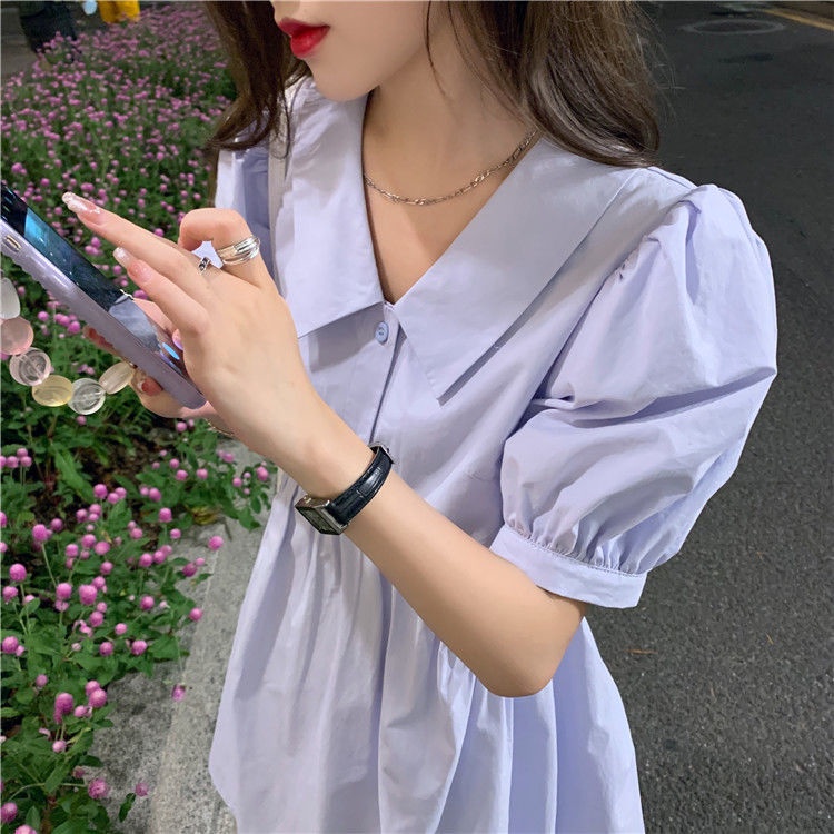 Đầm Sơ Mi Tay Ngắn Phồng Cổ polo Chiết Eo Dáng Chữ A Thời Trang Xinh Xắn Cho Nữ