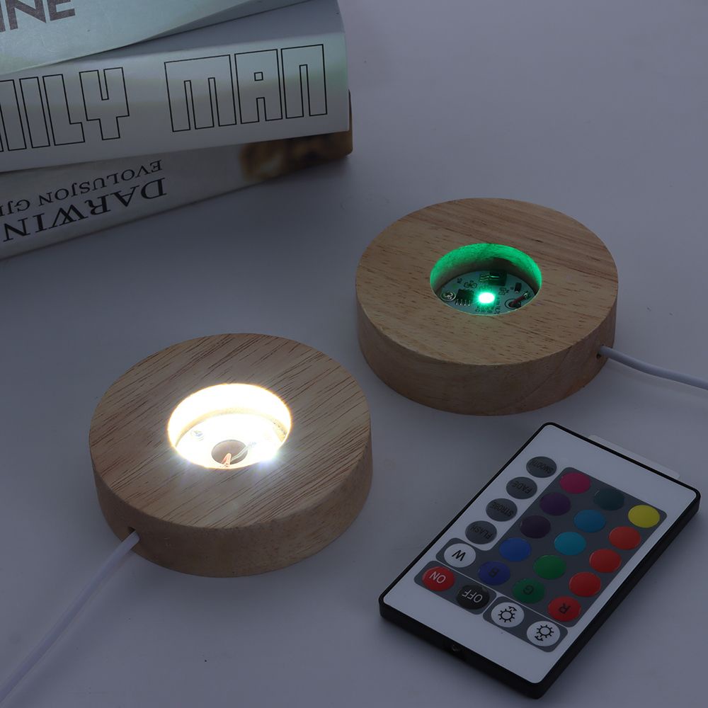 Đế phát sáng LED đế bóng pha lê điều khiển từ xa Giao diện USB 5V tròn gỗ rắn trang trí đèn ngủ đầy màu sắc gradient