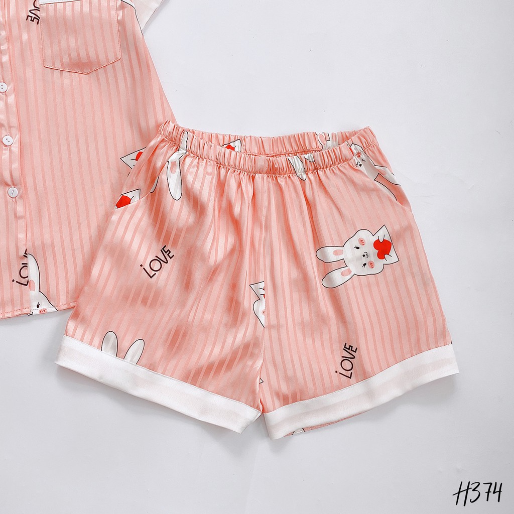 VINGO Bộ Đồ Mặc Nhà Nữ Lụa Hàn  Kiểu Pijama Tay Cộc Quần Cộc Họa Tiết Hoạt Hình Thỏ Love Cute H374 VNGO - TCQC