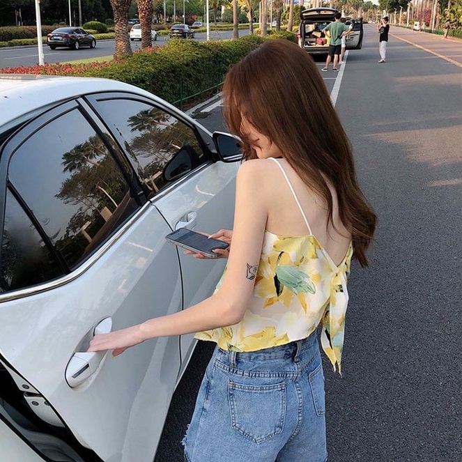 Áo hai dây ZHELIHANGFEI vải voan họa tiết hoa thắt nơ đằng sau thời trang cho nữ