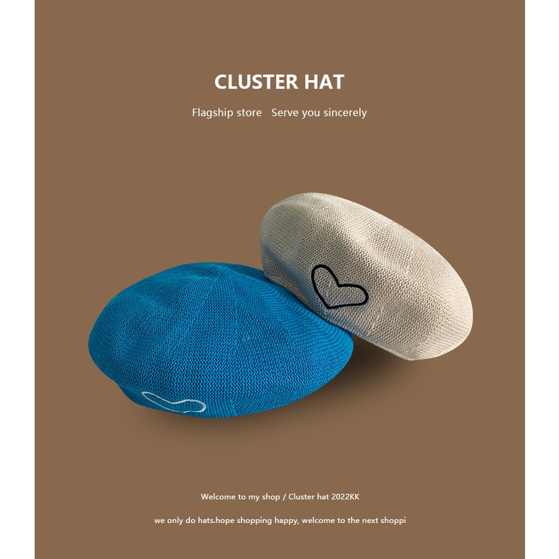 Nón Beret Màu Xanh Dương Trắng Thêu Họa Tiết Phong Cách Nhật Bản Mới