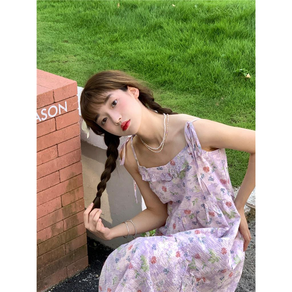 Đầm Hai Dây Lưng Cao Họa Tiết Hoa Màu Tím 62386