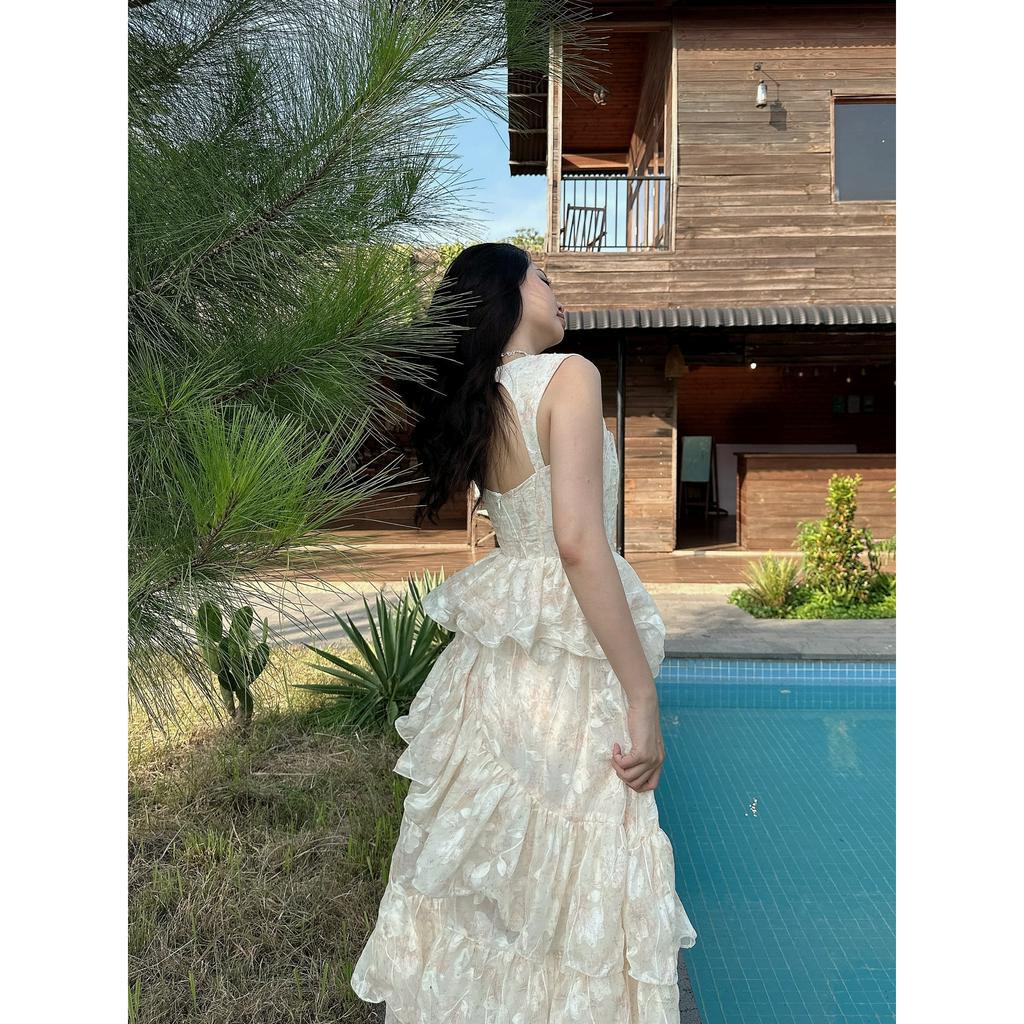 Đầm Corset Voan Hoa Xòe Dài Bèo Tầng LSEOUL V23041514 Tiểu Thư Sang Trọng Phù Hợp Đi Tiệc