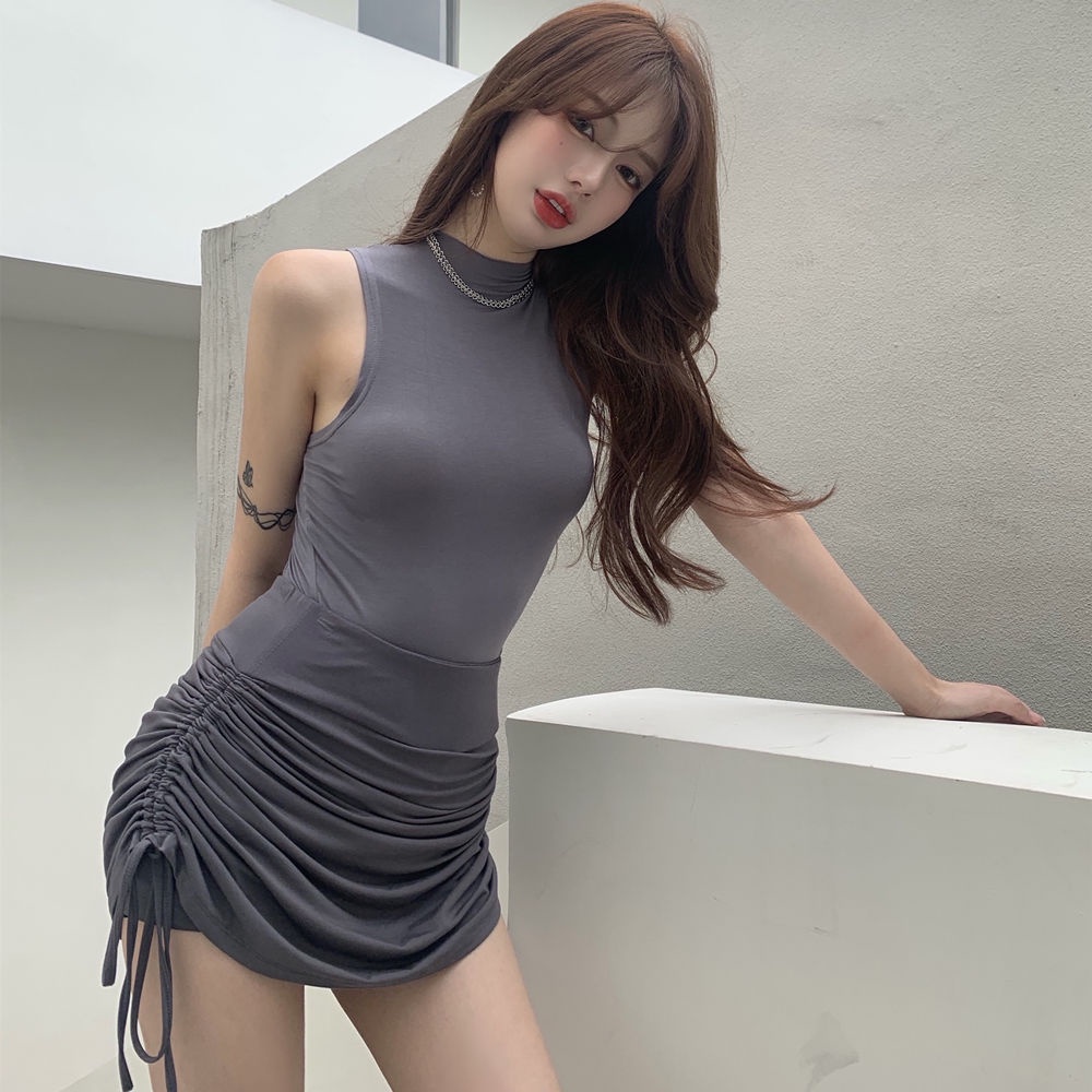 COZOK Chân váy lưng cao xếp ly phối dây rút gợi cảm cho nữ