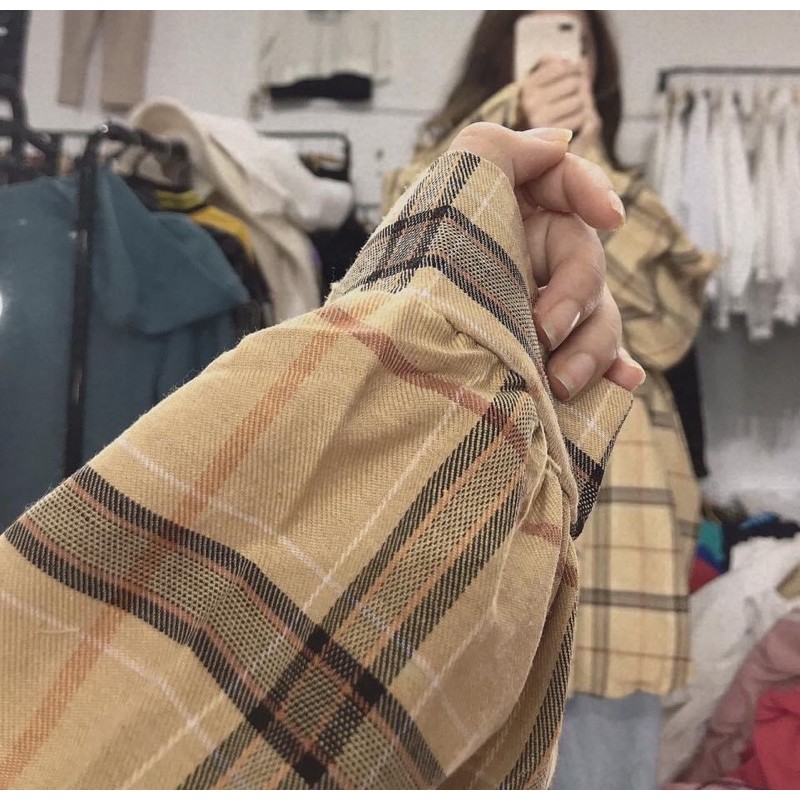 Áo Sơ Mi Kẻ Caro Màu Nâu, Áo Sơ Mi Nữ (Kèm Hình Thật)