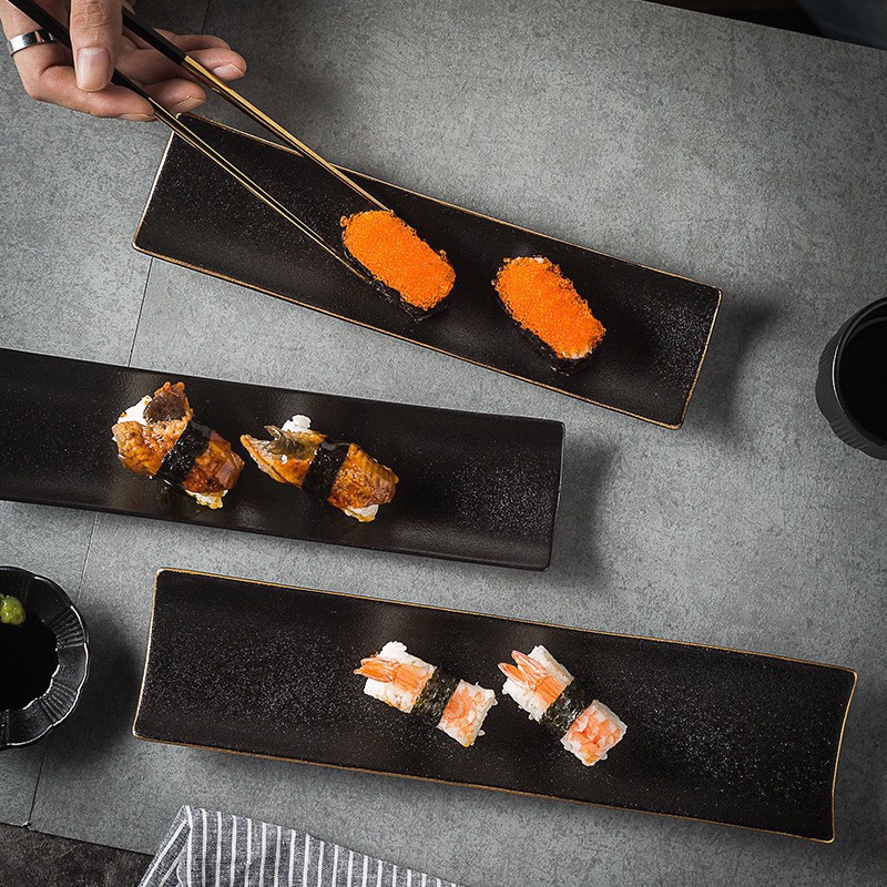 Đĩa sushi men nhám đen viền vàng chống xước p/c Bắc Âu - Đĩa sứ nhà hàng cao cấp
