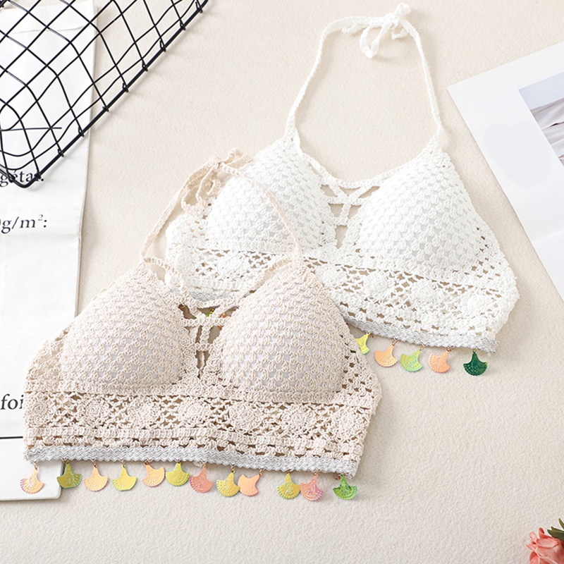 Brroa Áo Ngực Cổ Chữ V Có Đệm Dệt Kim Rỗng Nhiều Màu Sắc Kèm Vỏ Kim Loại Cho Nữ Đi Biển Tas