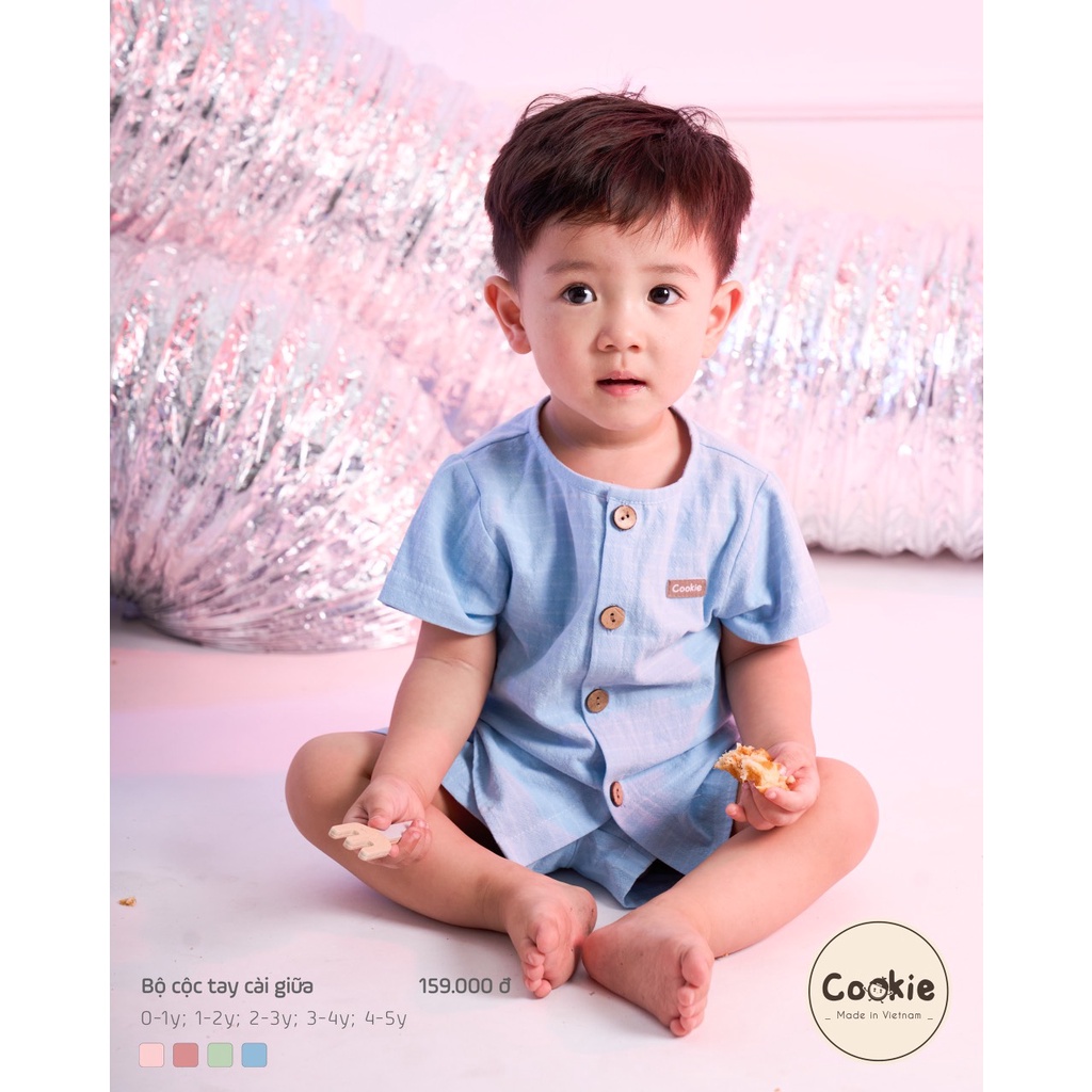 Bộ cộc tay cài giữa Cookie cho bé trai bé gái mùa hè mát mẻ cao cấp