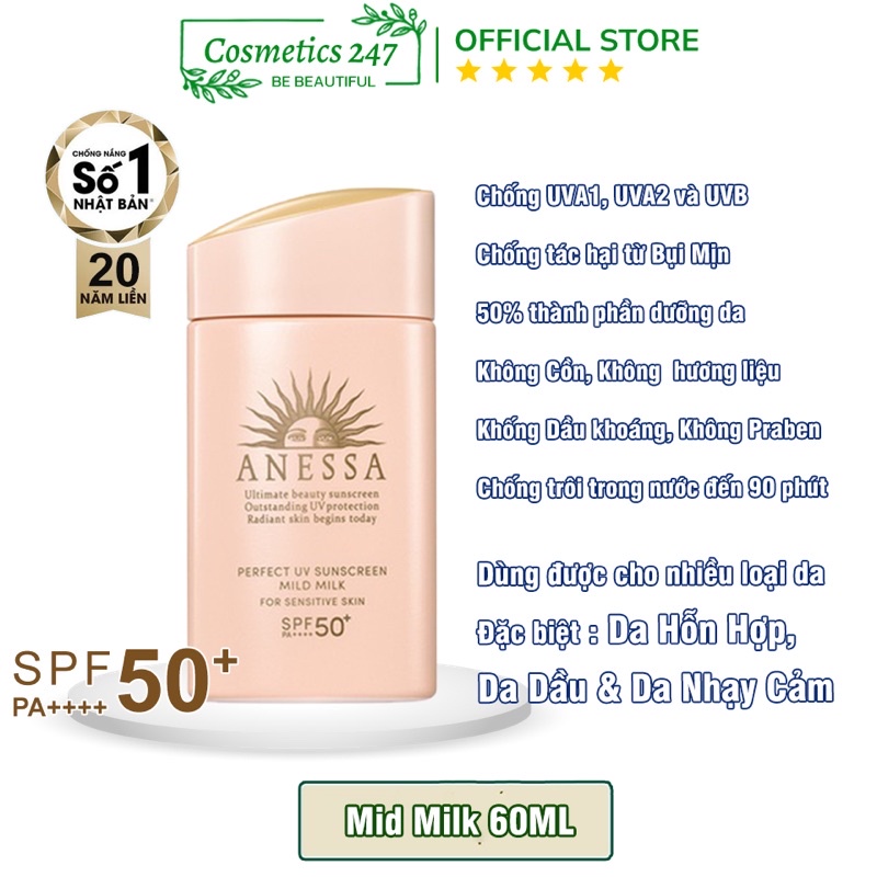 [Mã FMCGMALL -8% đơn 250k] Kem chống nắng Anessa Perfect UV Sunscreen Mild Milk 60ml