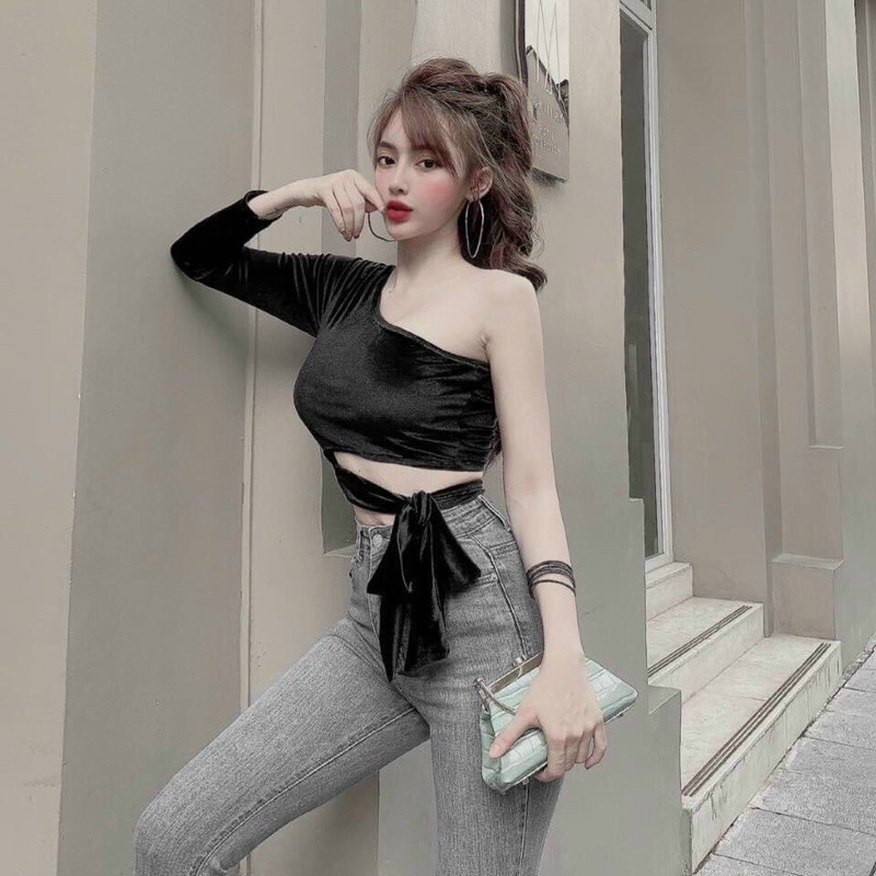 [ Mã WASTAPR giảm 10K đơn 50K] Áo croptop tay dài lệch vai phối beo ( nhung mịn ) | BigBuy360 - bigbuy360.vn