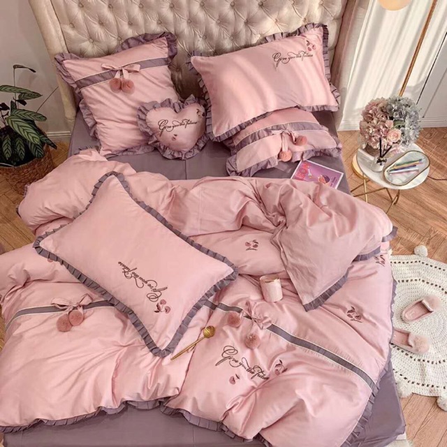 Set chăn ga lụa 7 món kèm gối tim