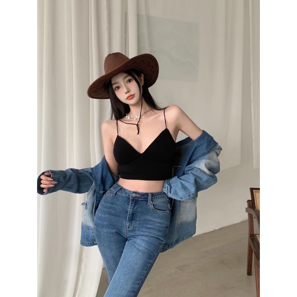 Áo Croptop , Áo Bra Nữ 2 Dây Mảnh Cổ V Dáng Lửng Có Đệm Ngực Trend Mới 325