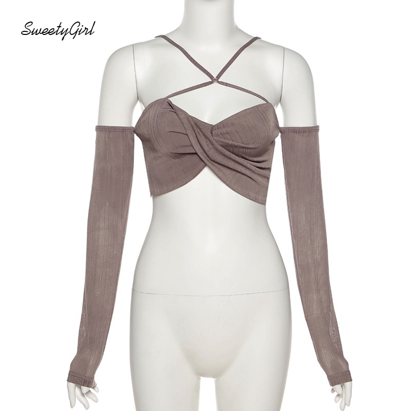 Áo croptop trễ vai tay dài dáng ôm vừa vặn màu trơn thời trang quyến rũ cho nữ