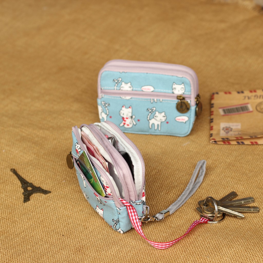 Ví ngắn vải Canvas phối khóa kéo bốn ngăn thời trang cao cấp cho nữ