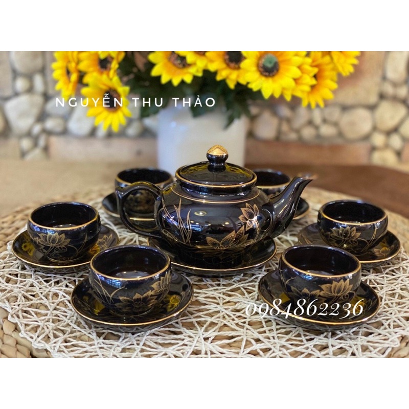Bộ ấm chén vẽ cảnh vàng kim Bát Tràng - Bộ ấm trà đẹp
