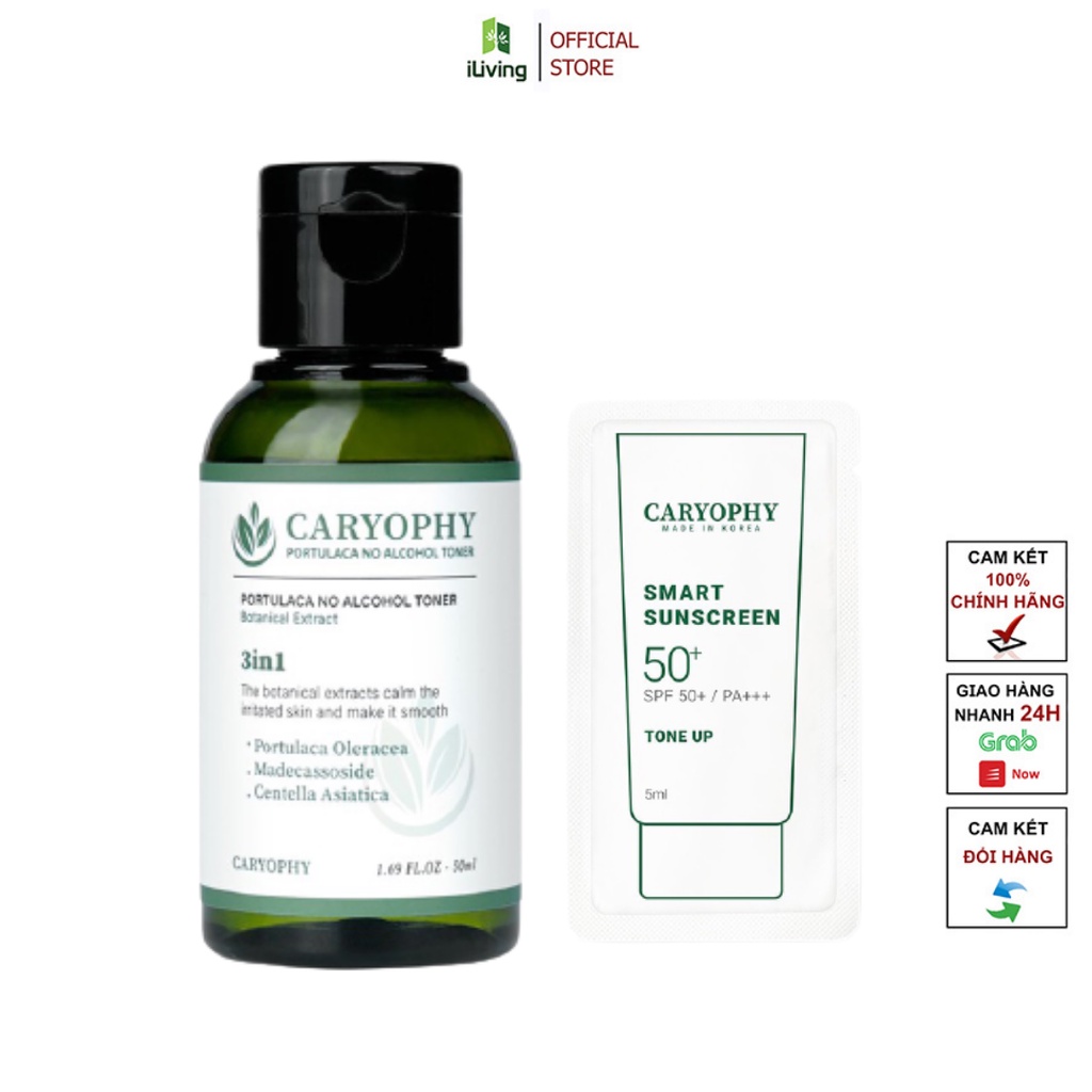 Combo dưỡng da giảm mụn mờ thâm Caryophy Portulaca (toner 50ml và kem chống nắng 5ml) ILIVING-CARCBMNTNKCN5