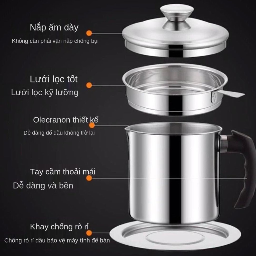 Nồi lọc dầu inox, cặn gia đình, đựng dầu, cốc nhà bếp, lưới lớn có nắp đậy