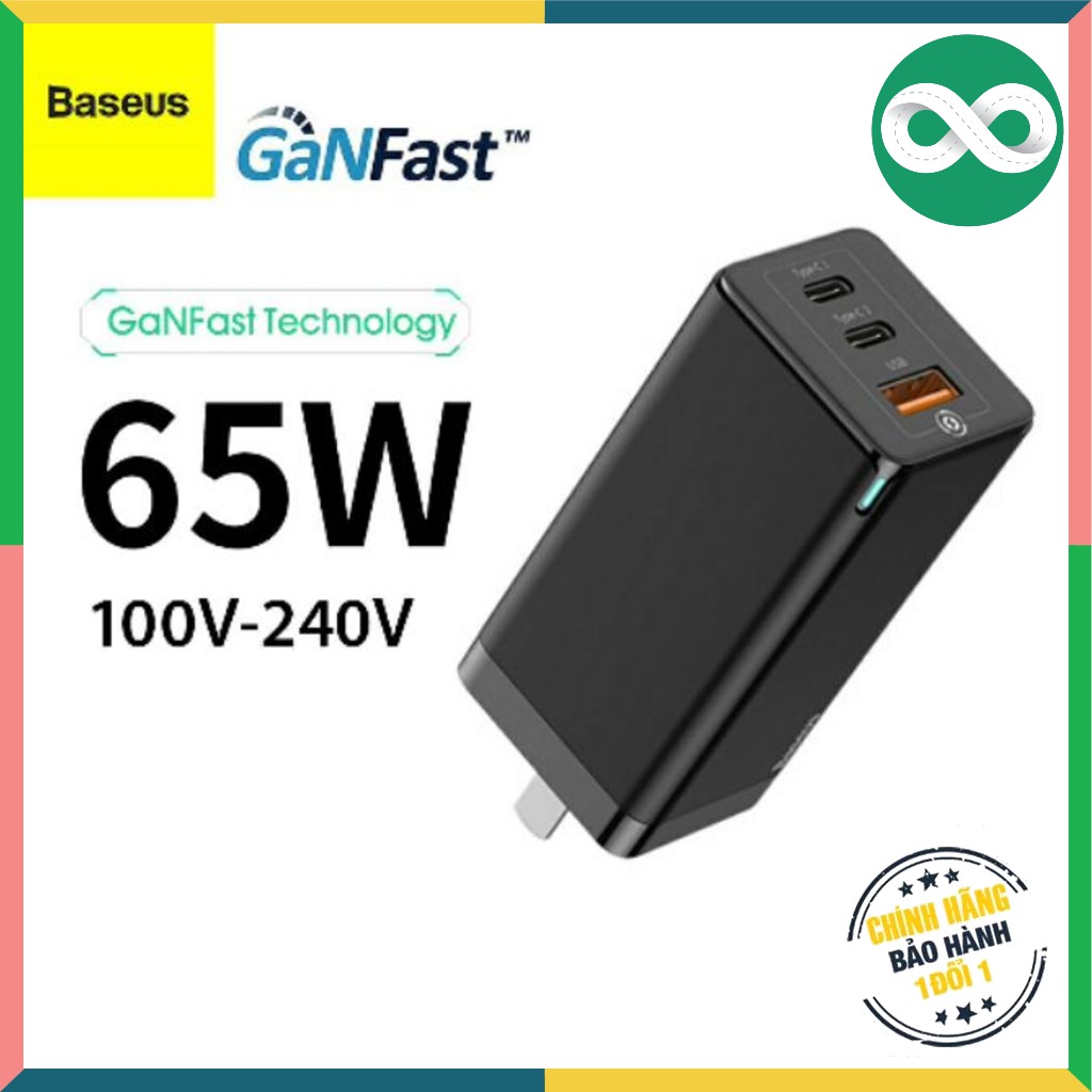 Củ sạc siêu nhanh 65W Baseus 1 cổng USB, 2 cổng Type-C Hỗ trợ QC 4.0, QC 3.0, PD 3.0 cho iPhone 11, Macbook, SamSung...