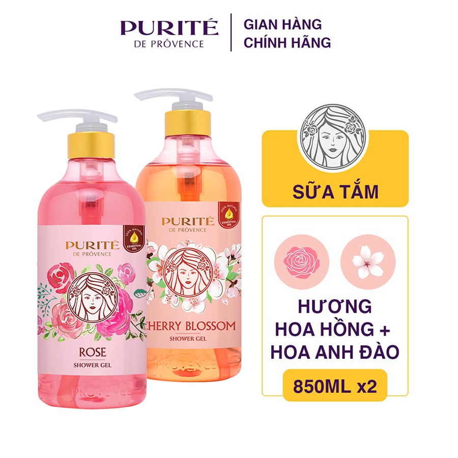 Combo 2 Sữa Tắm Mềm Mịn Hoa Hồng Purité 850ml + Sáng Mịn Hoa Anh Đào 850ml