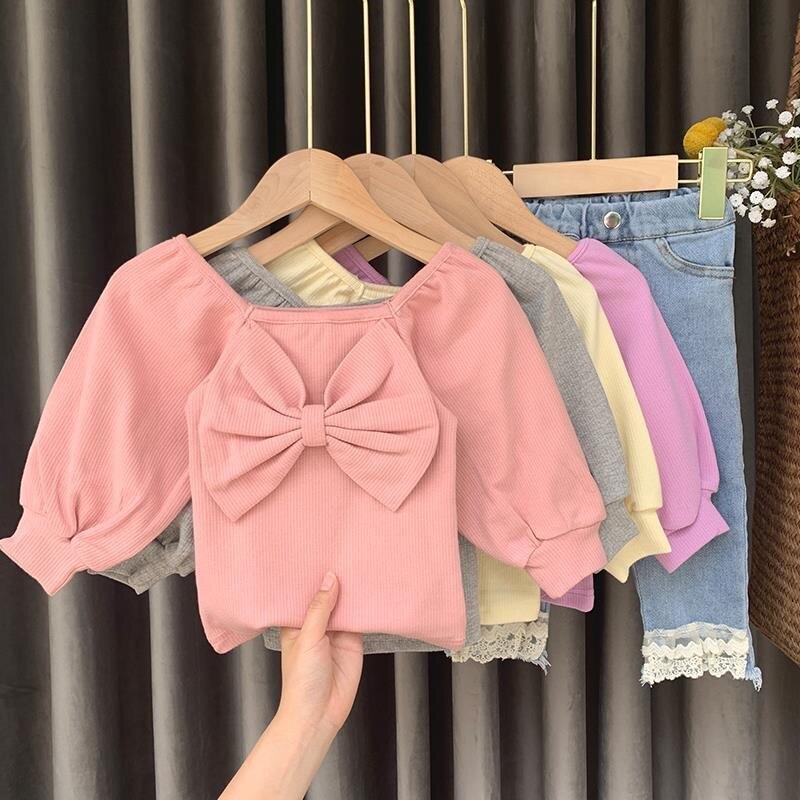 Áo thun cổ vuông thắt nơ thời trang xuân thu cho bé gái 2-6 tuổi