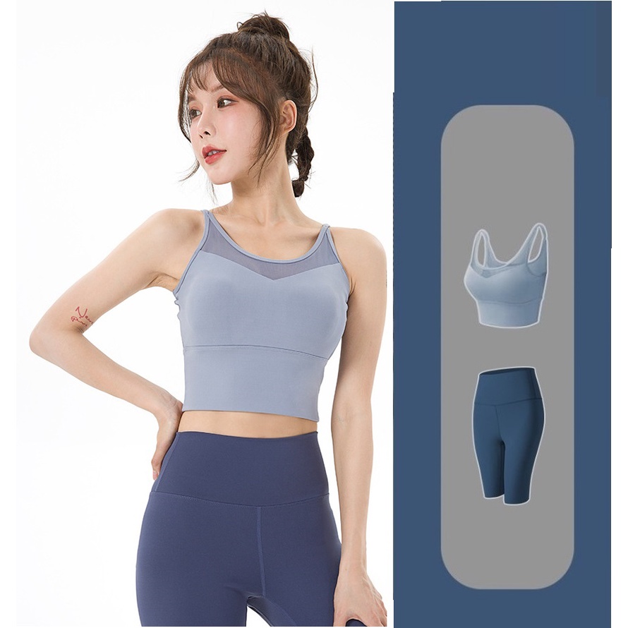 Bộ đồ tập Gym yoga nữ 2 món, set quần áo bra phối lưới có đệm mút quần đùi legging nâng mông