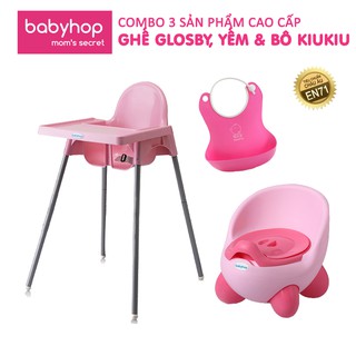 Combo ghế ăn dặm glosby chân điều chỉnh+yếm máng gấu+bô vệ sinh kiu kiu dành cho bé babyhop