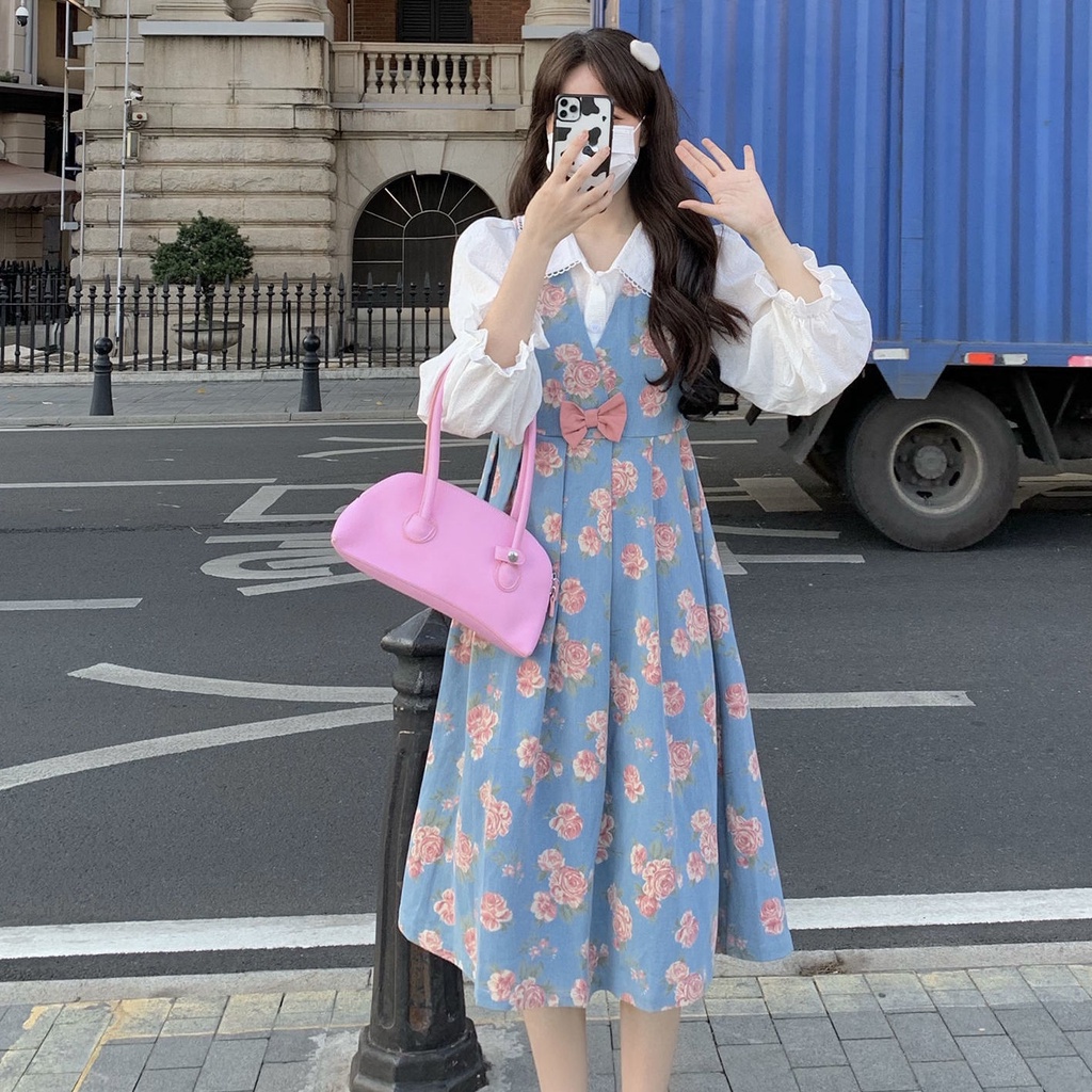 Set đầm hai dây in hoa và áo sơ mi tay phồng đáng yêu (có bán lẻ)