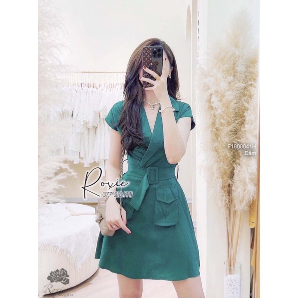 Đầm xòe cổ vest xinh đẹp cực có túi thắt đai eo
