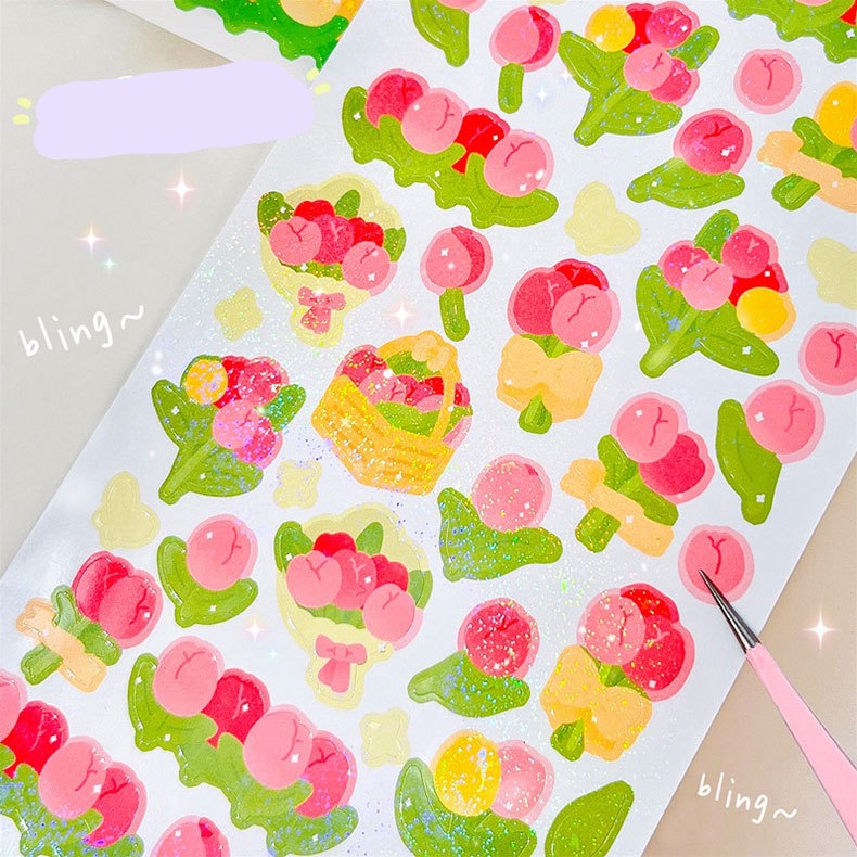 [48 MẪU] Sticker PET Lấp Lánh Glitter Hình Dán Trang Trí Toploader Gấu Thỏ Hoa Tulip Hoa Hồng Tổng Hợp Mẫu