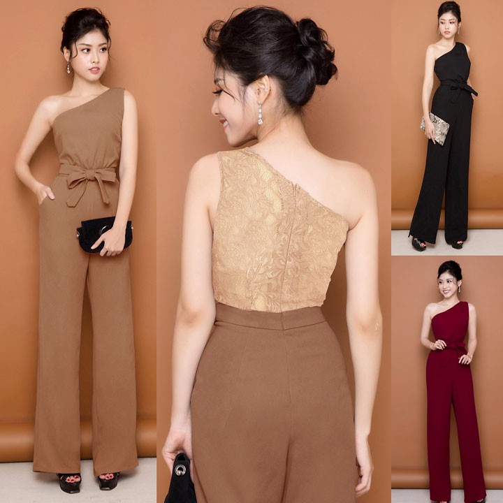 Jumpsuit nữ Dài Ống Suông Lệch Vai Phối Ren Lưng Thắt Nơ Xinh Xắn J928