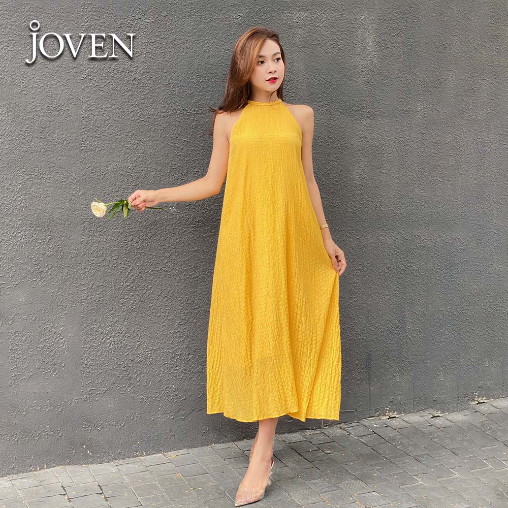 Đầm maxi cổ yếm đan sang chảnh chất thun xốp cao cấp JOVEN, thiết kế suông dáng dài tiểu thư, đi biển đi cafe dạo phố