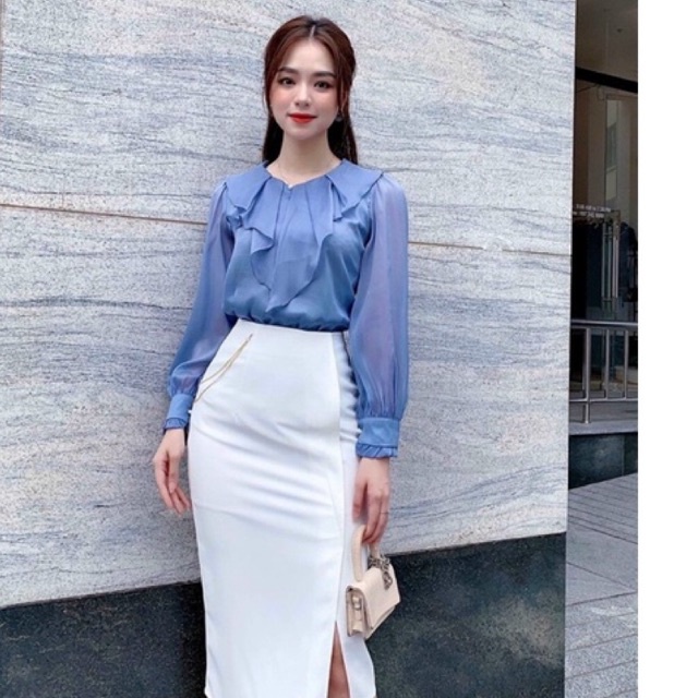Áo kiểu nữ bèo cổ cúc ngọc chất tơ đẹp 3 mầu