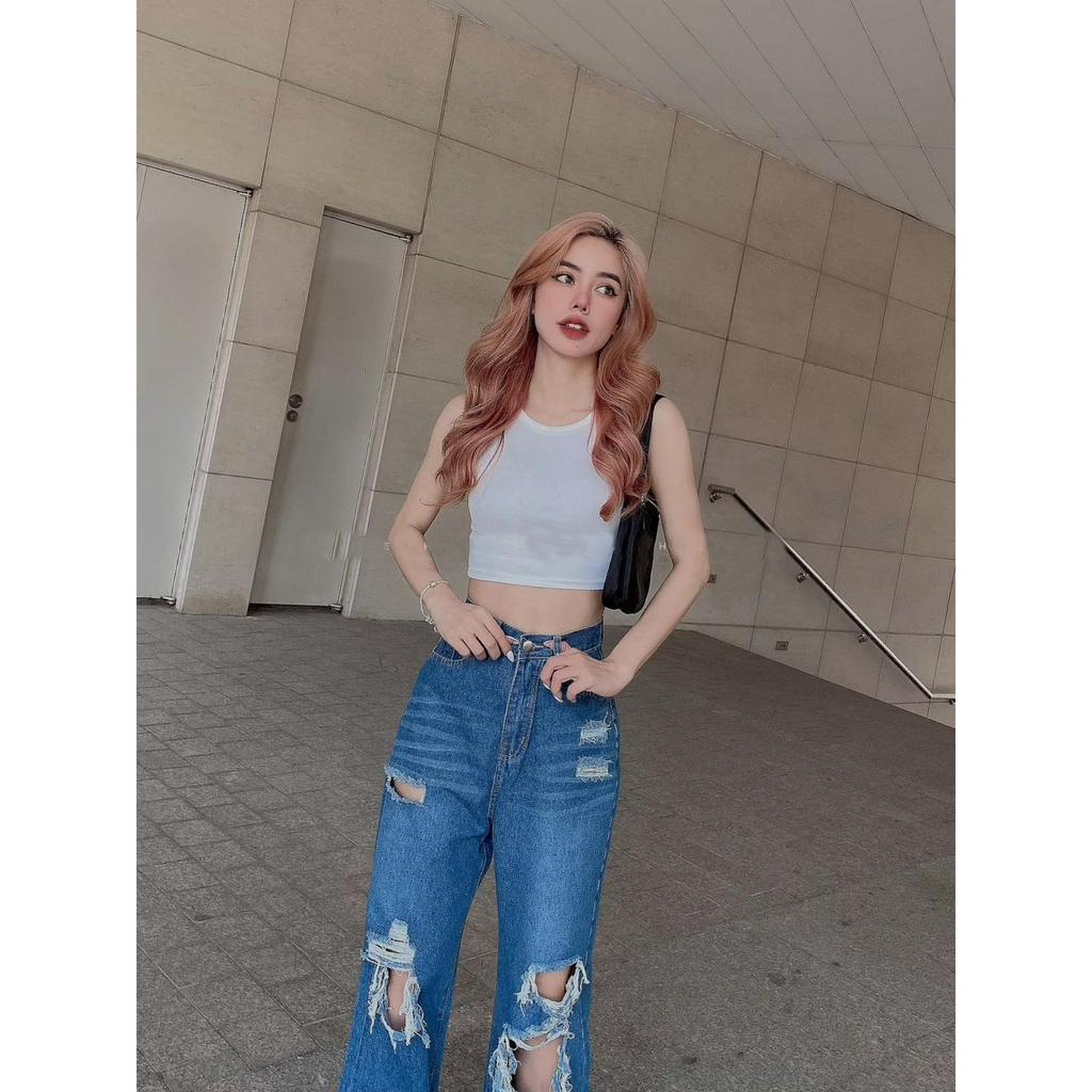 [ORTD5310] QUẦN JEANS ỐNG RỘNG NỮ LƯNG CAO RÁCH 3 MẢNG KÈM 2 MẢNG NHỎ ĐÙI MÀU XANH ĐẬM THỜI TRANG XỊN SÒ SIÊU ĐẲNG CẤP