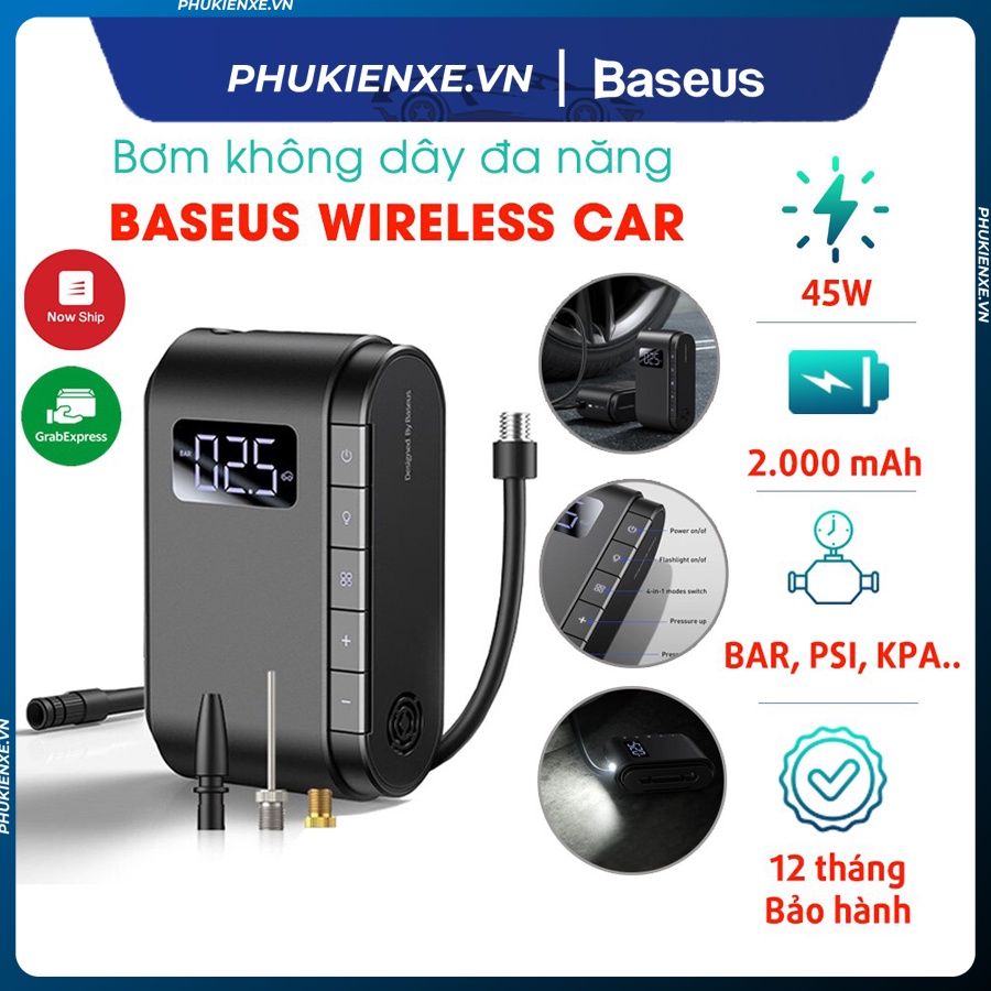 Bơm lốp xe cầm tay mini Baseus 45W cho ô tô xe máy xe đạp điện xe đạp bóng và phao bơi tiện dụng bơm lốp nhanh dễ dàng