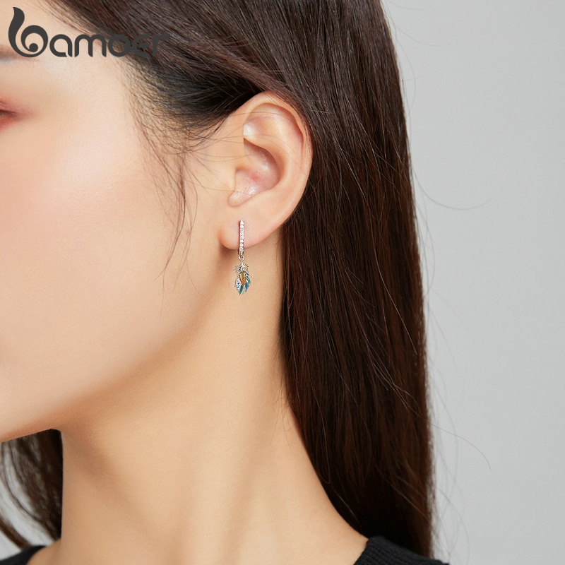 Đôi Bông Tai Bamoer BSE485 Bằng Bạc S925 Hình Lông Vũ Nhiều Màu Sắc Độc Đáo Thời Trang 2021 Cho Nữ