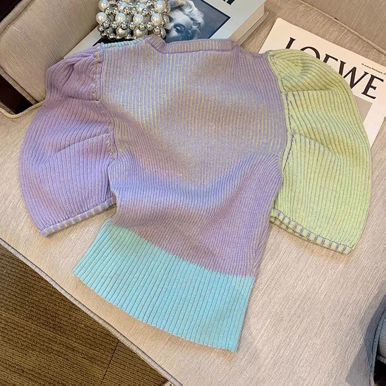 Áo Sweater Dệt Kim Mỏng Tay Phồng Phối Màu Thời Trang Xuân Hè Cho Nữ