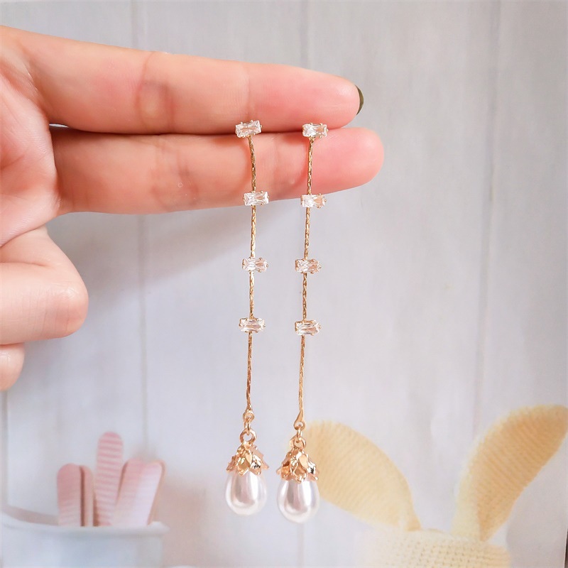 Khuyên Tai Móc Dáng Dài Đính Ngọc Trai Cao Cấp Phong Cách Retro Thanh Lịch