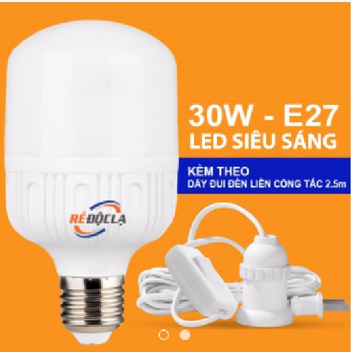 Bóng đèn Led trụ 30W Trắng + Dây đui đèn liền công tắc 2.5m | BigBuy360 - bigbuy360.vn