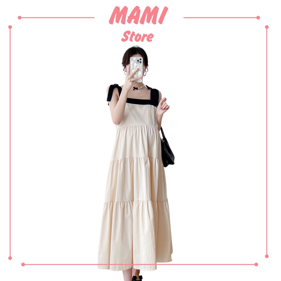 Đầm bầu suông trơn 2 dây phối nơ vai Mami store